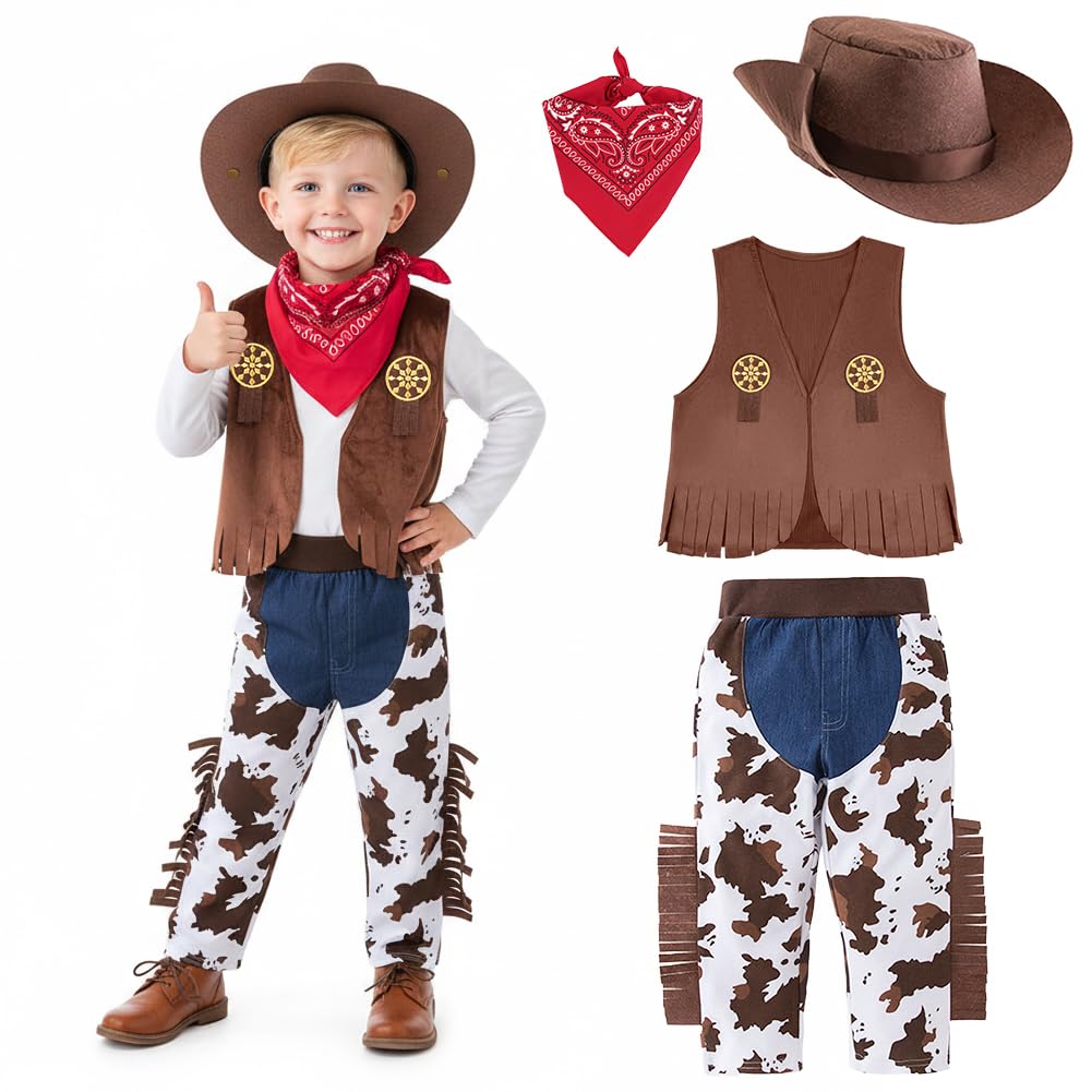 Vicloon Cowboy Costume Outfit for Baby Toddler Kid, Cowboy Costume Outfit Fancy Dress Up Set,Boys and Girls Cowboys Dress Up with Red Bandana and Hat,Perfect for Dress-Up Parties,Holidays, Halloween