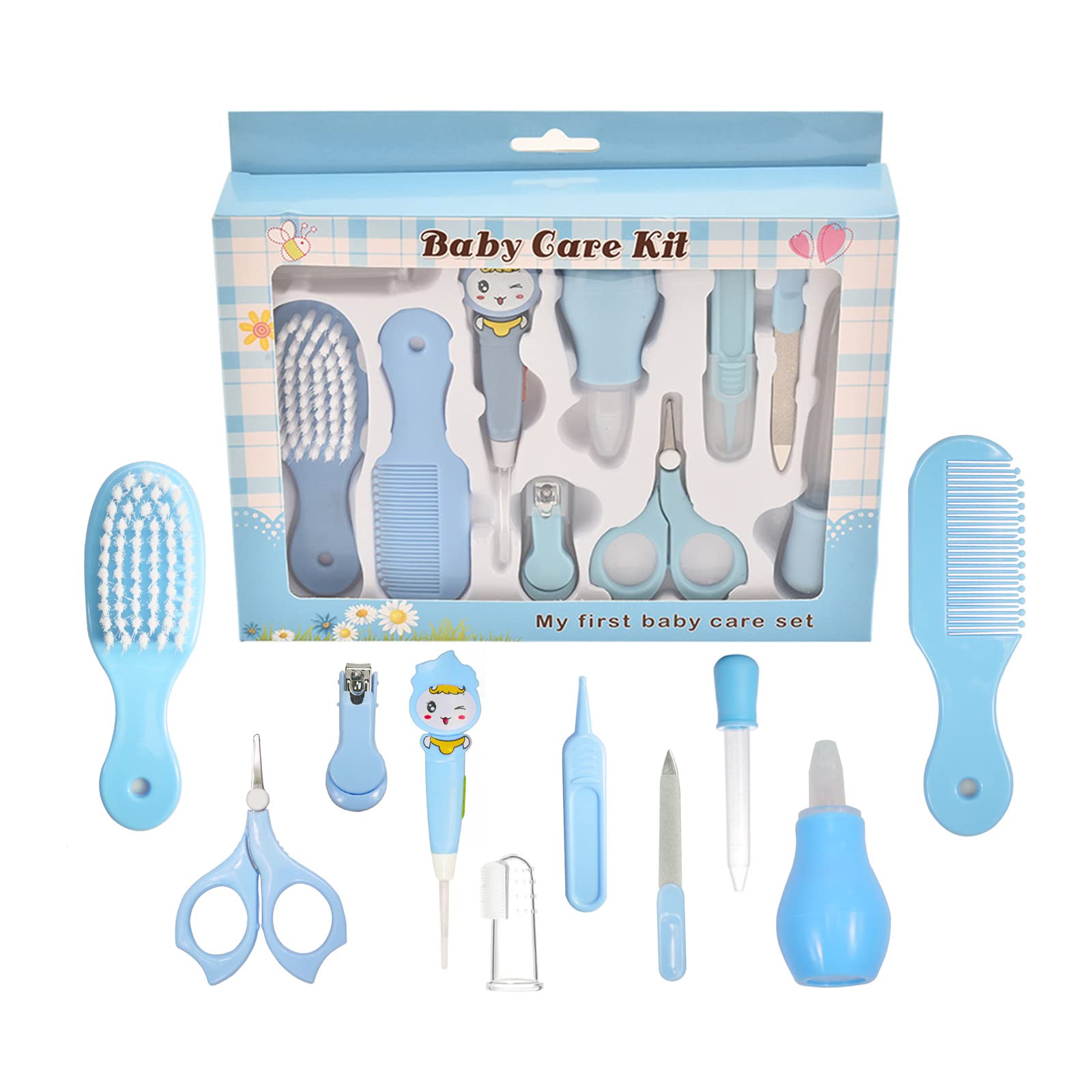 RoseFlower 10 in 1 Baby Grooming Kit, Baby Safety Care Kit with Hair Brush Comb Finger Toothbrush Nail Clipper etc, Nursery Health Care Set for Newborns Infant Girl Boy, Blue #2