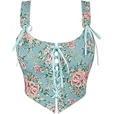 Dreay Womens Vintage Floral Print Grommet Lace Up Tie Front Corset Bustier Shapewear Top
