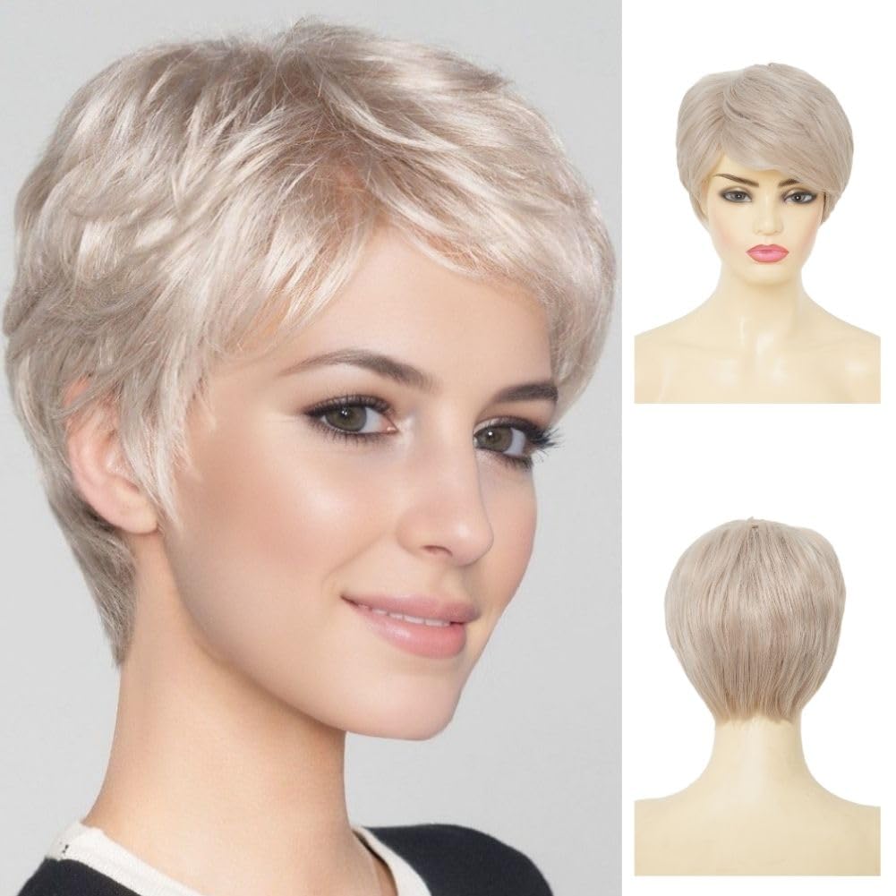 Siudus Womens Short Blonde Pixie Cut Wig Side Part Layered Hair Wig Shaggy Synthetic Fiber Old Lady Wigs for Daily Party Use(Wihte Blonde)