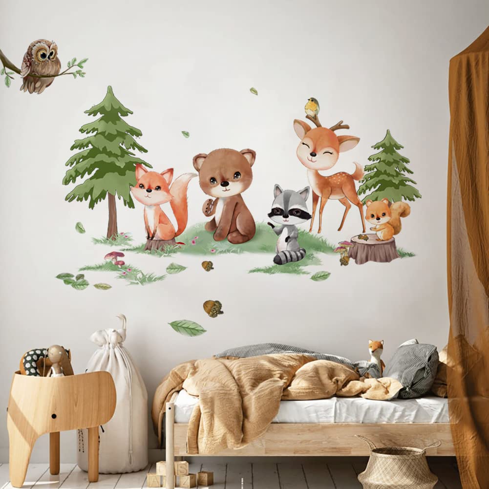 Runtoo Wall Stickers Forest Animals Bear Fox Tree Forest Wall Stickers Kids Room Wall Decor — image 1