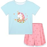 ICOSY Girls Pajamas for Kids Pajamas Toddler Girls 2 PCS Short Sleeve Top and Shorts Clothes