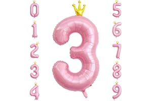 HZQRUQH 40 Inch Crown Pink Number 3 Balloon, Big Conjoined Baby Pink Foil Mylar Helium 3 Balloon for Girls 3rd Birthday Party Decorations Pink Princess Theme Party Decorations Supplies Anniversary Decor