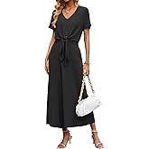 BB&KK Women's Summer 2 Piece Outfits Cap Sleeve V Neck Belted Crop Tops Cropped Wide Leg Pants Sets Casual Travel Set