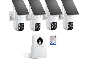 KCSNYO Solar Security Cameras Wireless Outdoor, 4MP Solar Powered, 4 Cam kit, Color Night Vision, 360° PTZ, 500G HDD Local Recording, No Monthly Fees