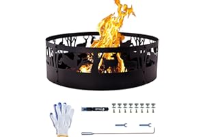 Gulfmore Fire Ring - 36x12IN Portable Wood Burning - Outdoor Camping Backyard Fire Pit Ring - 360° Carvings of Deer and Wolves Design