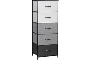 Pellebant Dresser for Bedroom with 5 Drawers, Tall Dresser Vertical Storage Tower, Sturdy Metal Frame, Fabric Storage with Wooden Handle and Wooden Top, Organizer Unit for Closet/Hallway, Black & Gray
