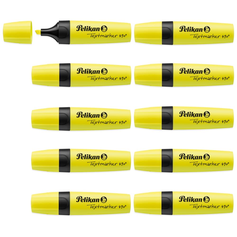 Pelikan Highlighters, Box of 10 Neon Yellow, Chisel Tip Quick Drying Water-Based Markers, Exam, Study & Office Highlighting