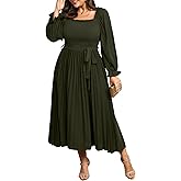 SHESTARR Women's Plus Size Dress Long Sleeve Smocked Square Neck Ruffle Pleated Flowy Wedding Guest Maxi Fall Dress