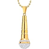 Mens Women Steel Microphone Pendant Necklace with Cubic Zirconia, Silver White, 30 inches Ball Chai