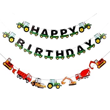 Amosfun 2pcs Happy Birthday Banner Decorative Construction Vehicle