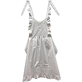 Minhcraft White Cotton Beautiful Flower Embroidery Apron-Ruffles Full Length Bib Women Apron