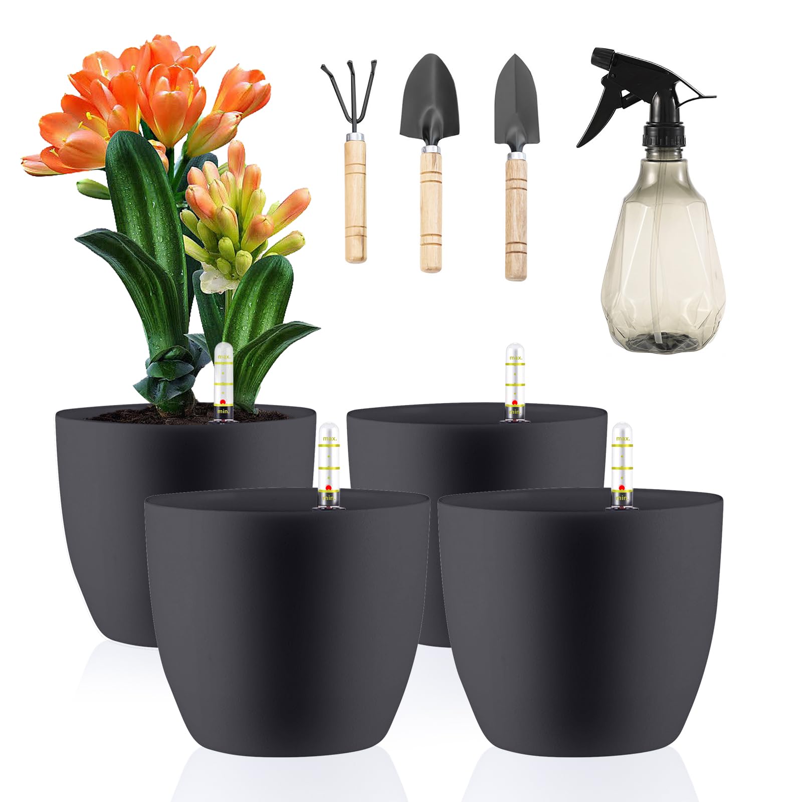 LangRay 4 Pack Flower Pots with Water Indicator, 15.5 x 13 cm Small Plastic Planters, Self-Watering Plant Pots, Water Reservoir, Hydroponics Pot for Indoor Outdoor Houseplants (Grey)