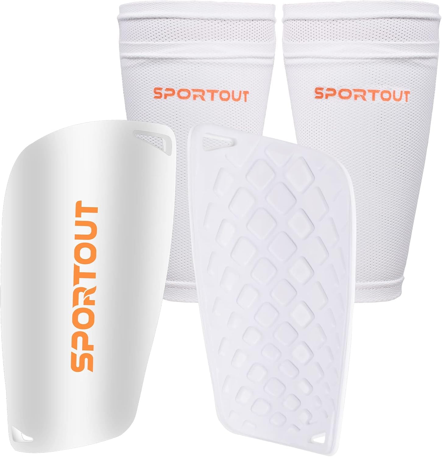 Sportout Kids Youth Adult Football Shin Guards with High Elastic Sleeves,Offers Comprehensive Protection for Your Legs (XL, White-1)