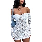 Fuimsul Women Sexy See Through Floral Lace Bodycon Mini Dress Y2k Skinny Long Sleeve Off Shoulder Mesh Lace Short Dress