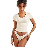 SUUKSESS Women Double Lined Fitted Basic Tee Sexy V Neck Short Sleeve Y2K Crop Top