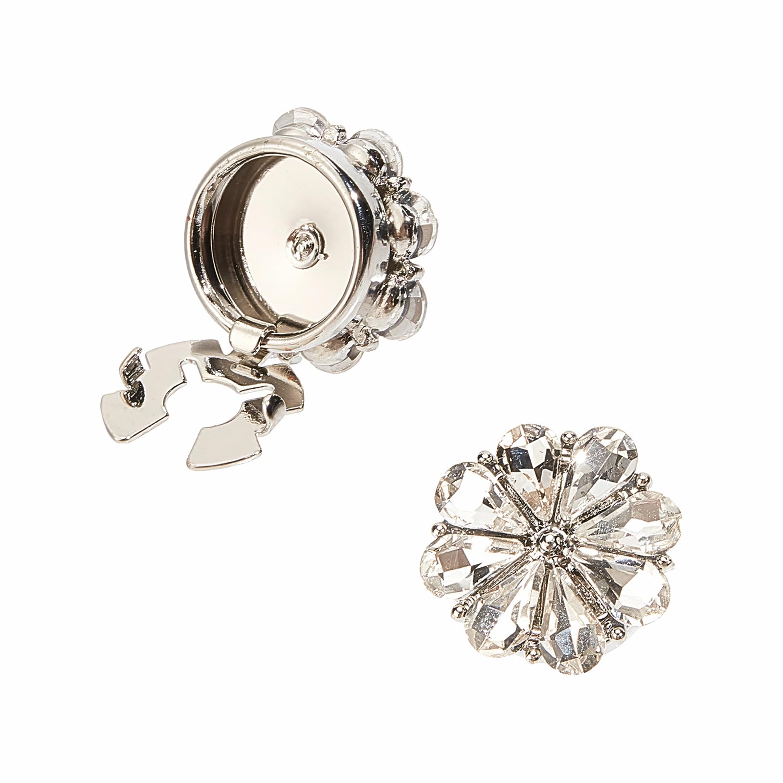 NICENEEDED 2 PCS Rhinestone Buttons Cover, Flower Sleeve Cover No Sew Instant Button Clip, Sliver Decarative Button Embellishments for Dress Suit Tux Shirt Tuxedo Accessories