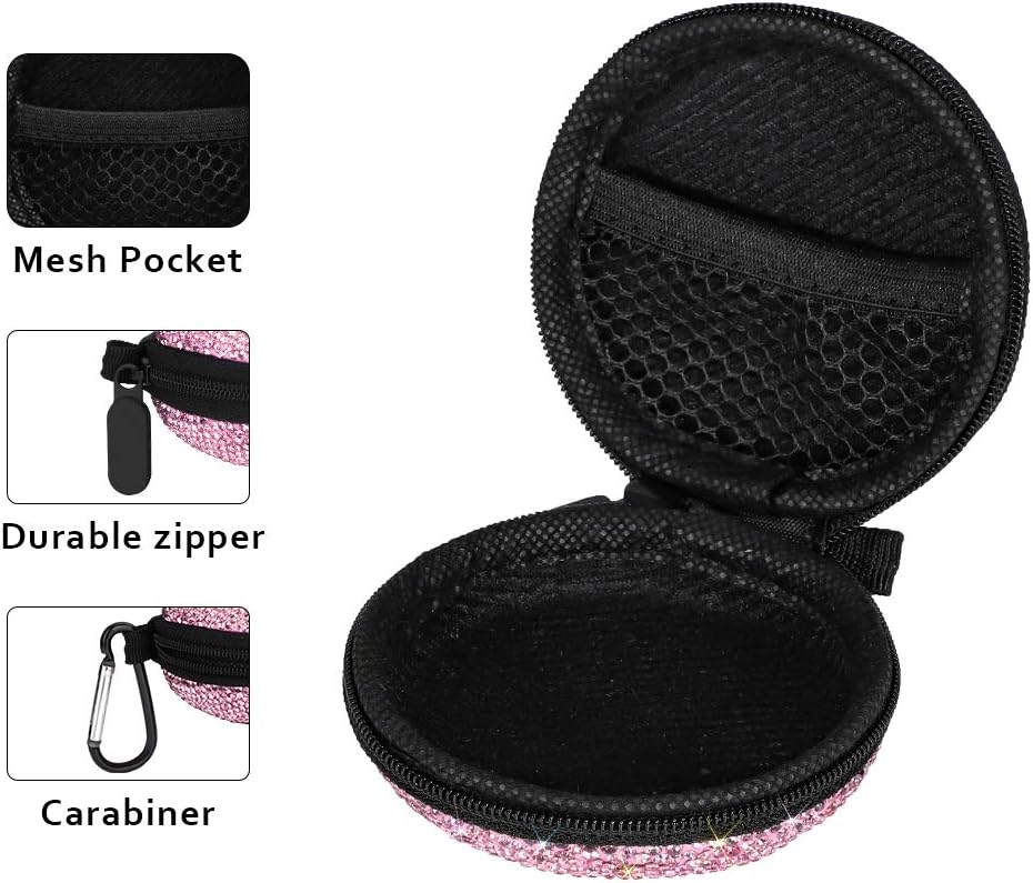SAVORI Carrying Headphone Case Bag Small Earbud Case Bling Rhinestone Crystal Mini Portable Earphone Storage Bag Pouch for Earset & Mini Items with Carabiner (Pink) - Image 5