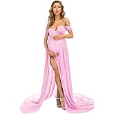 ZIUMUDY Maternity Dress for Photoshoot Photography Split Front Sheer Chiffon Off Shoulder Maternity Gown