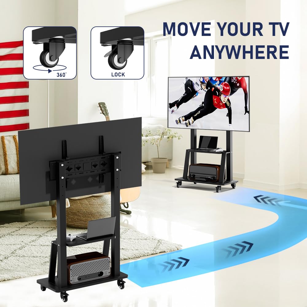 Duiliuu Mobile TV Stand with Wheels, Rolling TV Stand on Wheels for 32-75 inch Television, Mobile TV Cart Height Adjustable,15° Adjustable Viewing Angle,Max 130LBS, Vesa max 600×400