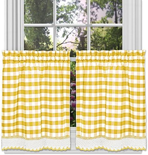 Woven Trends Designer Home Window Panel Curtain Tier Pair Kitchen Drape Plaid Gingham Checked Yellow Checkered Panel
