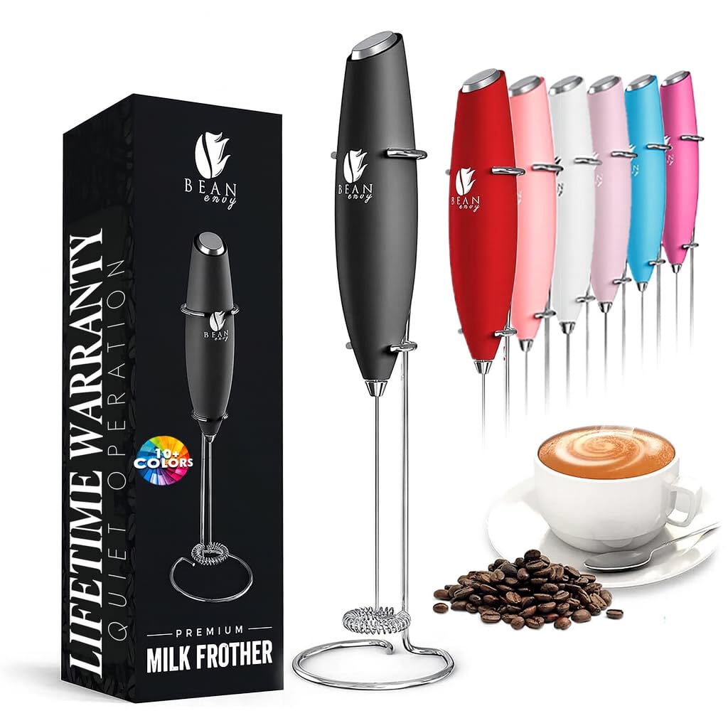 Photo 1 of Bean Envy Milk Frother Handheld for Coffee - Mini Drink Mixer Whisk & Coffee Foamer Wand with Stand for Lattes, Cappuccino, Matcha and Hot Chocolate - Kitchen Gifts - Black