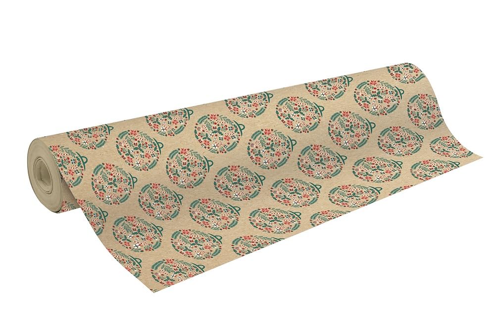 Clairefontaine 223899C - One Reel Raw Recycled Kraft Paper - 50mx70 cm - 70g - Design : Christmas, Red/Green - Recycled Paper, Ideal for Gift-Wrapping