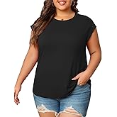 CARROTMOB Women‘s Plus Size Summer Tops Crew Neck Casual Cap Sleeve Loose Fit Basic T Shirts for Curvy Women