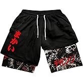 WDIRARA Men's 2 in 1 Shorts Graphic Letter Print Drawstring Workout Running Gym Shorts with Pockets
