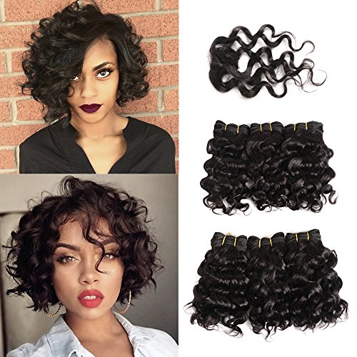 6pcs Curly Wave 8 Inches Short Hair Wave With Closure Human Hair