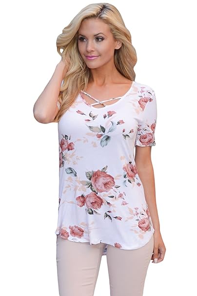 Sosila Damen Sommer Kurzarm T-Shirt mit Blumenmuster und Schnürung vorne am Ausschnitt, Bluse, Tunika, Top, Shirt