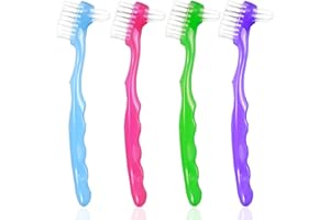 GEODURN 4 Pieces Denture Brush, Small Toothbrush for Dentures, Multi-Layered Bristles Ergonomic Rubber Handle for False Teeth Cleaning