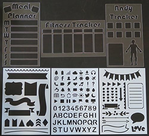 Bullet Journal Relay Journal Fitness Stencil Collection - Set of 3 Fitness Spread Templates (4x7) + Bonus Set of 3 Basic Stencils (5x7) - Fits Dotted Journals by Lemome &amp; Leuchtturm1917