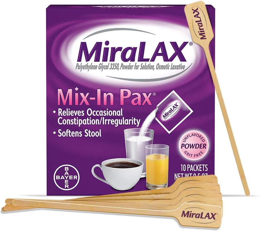 MiraLAX Laxative Powder for Gentle Constipation Relief, 10 Count Mix-in Packs + Mixing Stirrers: Health & Personal Care