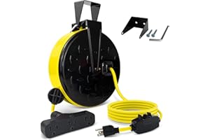 EP 30 Ft Retractable Extension Cord Reel, 16/3 SJTW Power Cord with 3 Electrical Outlets, Ceiling or Wall Mount, 10 Amp Circuit Breaker, Metal Plate, UL Listed, Yellow