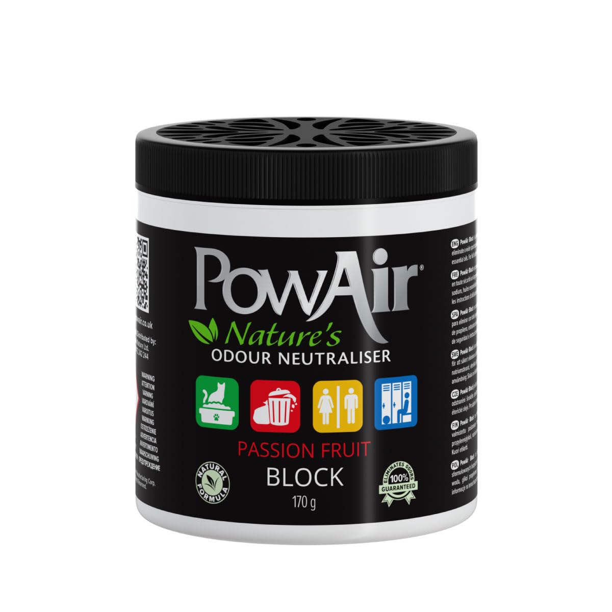 PowAir Block Natural Odour Neutraliser - Passion Fruit Scent 170g - Odour Control for Small Rooms and Areas - Natural Essential Oils