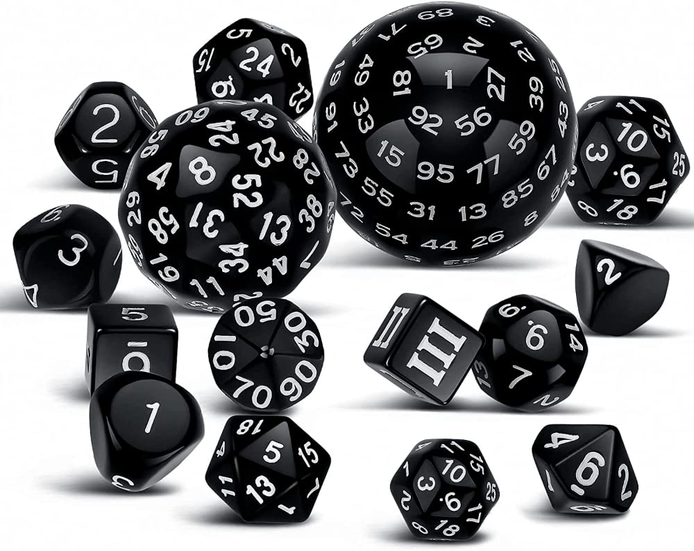 DollaTek 15 Pieces Complete Polyhedral Dice Set D3-D100 Game Dice Set for Role Playing Table Games Black and White