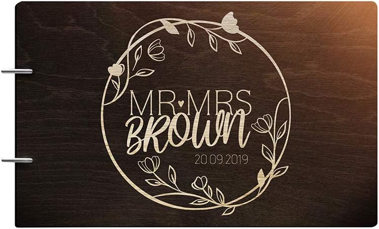 Personalized Handmade Mr Mrs Wedding Guest Book for Bride and Groom Wood Alternative Custom Engraved Newlywed Marriage Album (Chocolate Walnut)