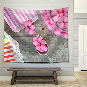 Old Fashioned Candy Jar Full of Pink Peppermints Being Distributed into Individual Candy Bags - Fabric Wall Tapestry Home Decor - 51x60 inches
