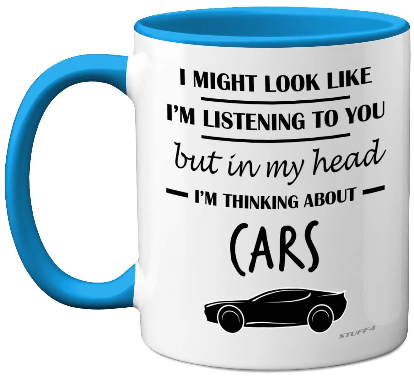 Stuff4 Gifts for Car Enthusiasts - in My Head I'm Thinking About Cars - Funny Classic Mug, Gifts for Lovers, Petrol Head 11oz Ceramic Dishwasher Safe Premium Blue Handle Mugs