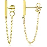 ANDPAI Chic Charm Minimalist 14k Silver Gold Chain Dangle Drop Earrings Punk Small Cute Staple Bar Stud Earrings with Chain for Women Men Statement Jewelry Gifts