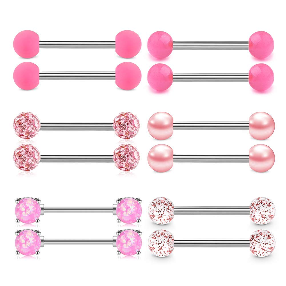 Rajnard Nipple & Tongue Piercing Bar - Pink 14G Straight Barbell & Flexible Retainer for Women & Girls - 14mm