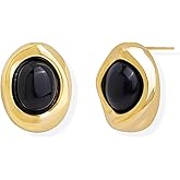 Sonateomber Gold Statement Stone Stud Earrings for Women, Trendy Chunky Natural Gemstone Oval Hypoallergenic Earring Prom Accessories Fashion Jewelry Gift