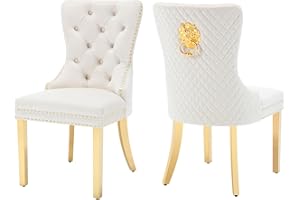 civama Dining Chairs Set of 2, Elegant Luxury Velvet Tufted Dining Chairs Golden Legs & Nailhead Trim, Back Lion Head Pull Ring & Rhomboid Pattern, Nikki Collection Armless Kitchen Chair, Beige