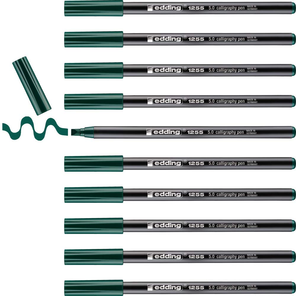 edding 1255 calligraphy pen - bottlegreen - box of 10 - calligraphy nib 5 mm - fibre pen for paper, wood, terracotta, canvas - hand lettering, bullet journals, thank you cards, calligraphy books