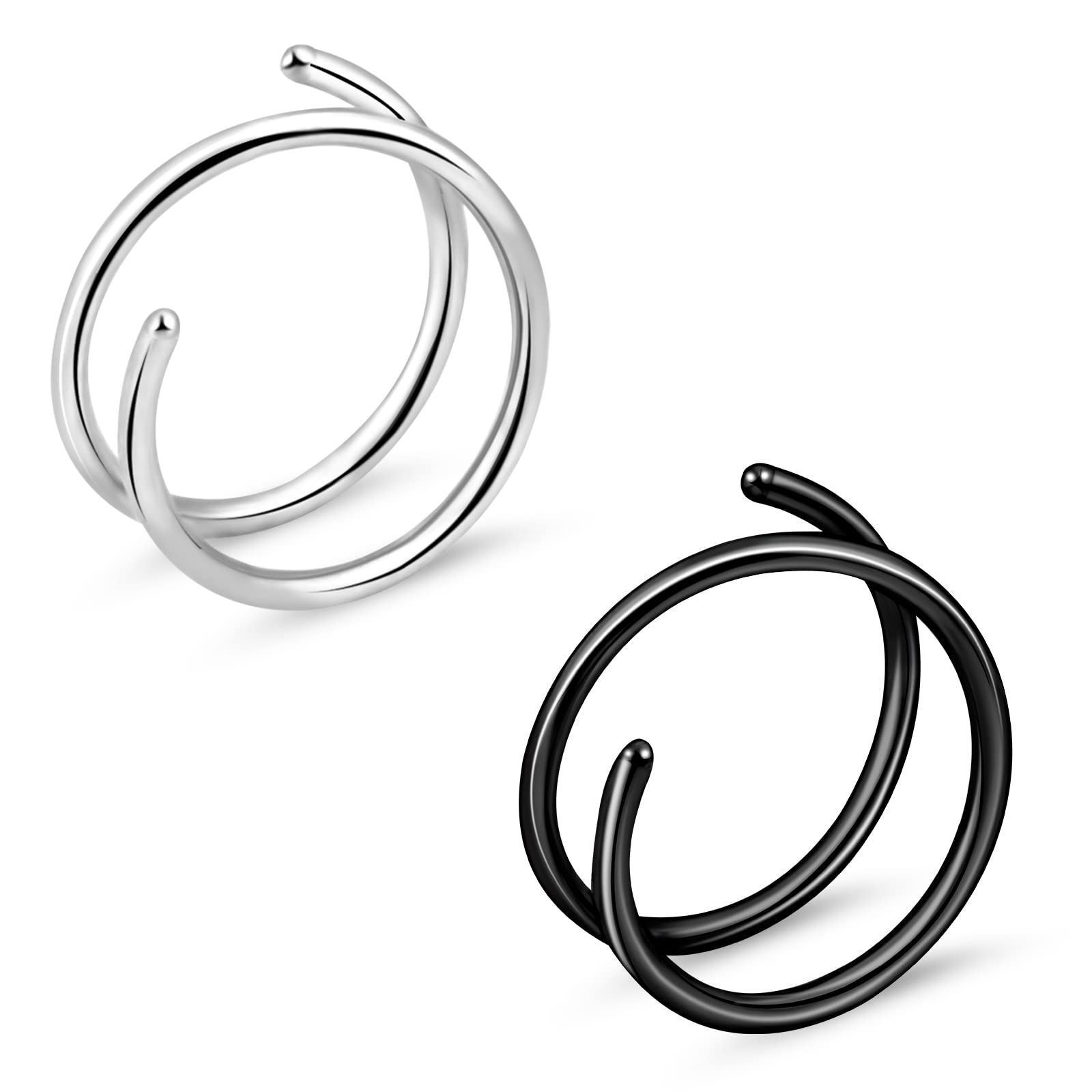 Defrsk 2 Pcs Nose Rings for Women 20G Thin Nose Rings Hoop Spiral Double Nose Rings Single Piercing Helix Earring, Black 2pcs