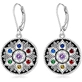 Mandala Chakra Earrings for Women Sterling Silver Lotus Flower Earrings Dangle Drop Leverback 7 Chakra Gifts Om Symbol Yoga Jewelry
