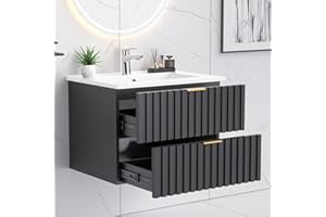 ONBRILL 24 Inch Bathroom Vanity with Sink Combo, Floating Bathroom Vanity with 2 Fluted Drawers & Metal Handle, Modern Wall Mount Storage Cabinet with Ceramic Integrated Sink for Small Space (Black)