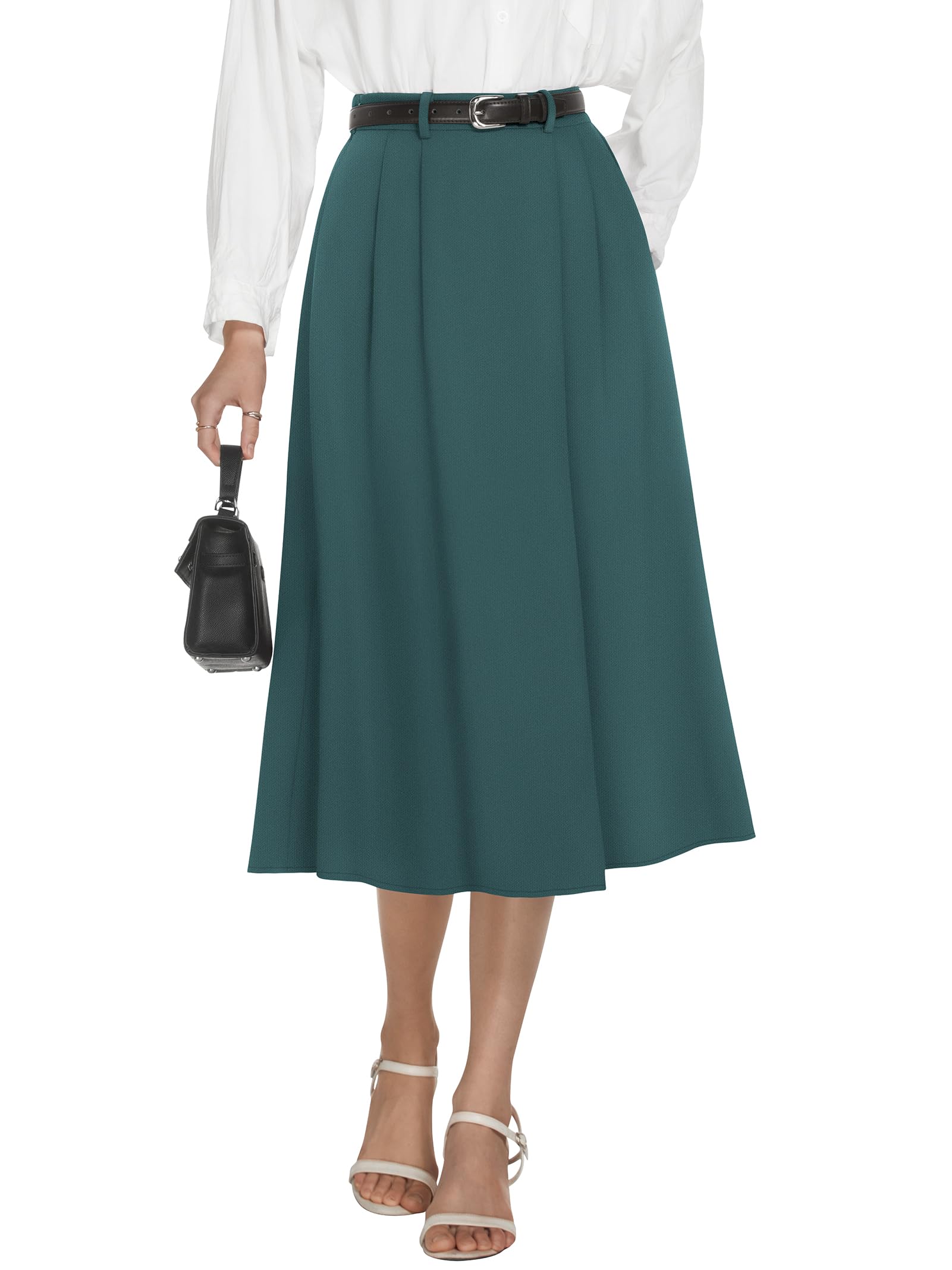 Casly Lamiit High Waisted Midi Skirts for Women Dressy Casual Flare Pleated A Line Elastic Waistband Skirt Trendy Work Clothes Dark Green XL