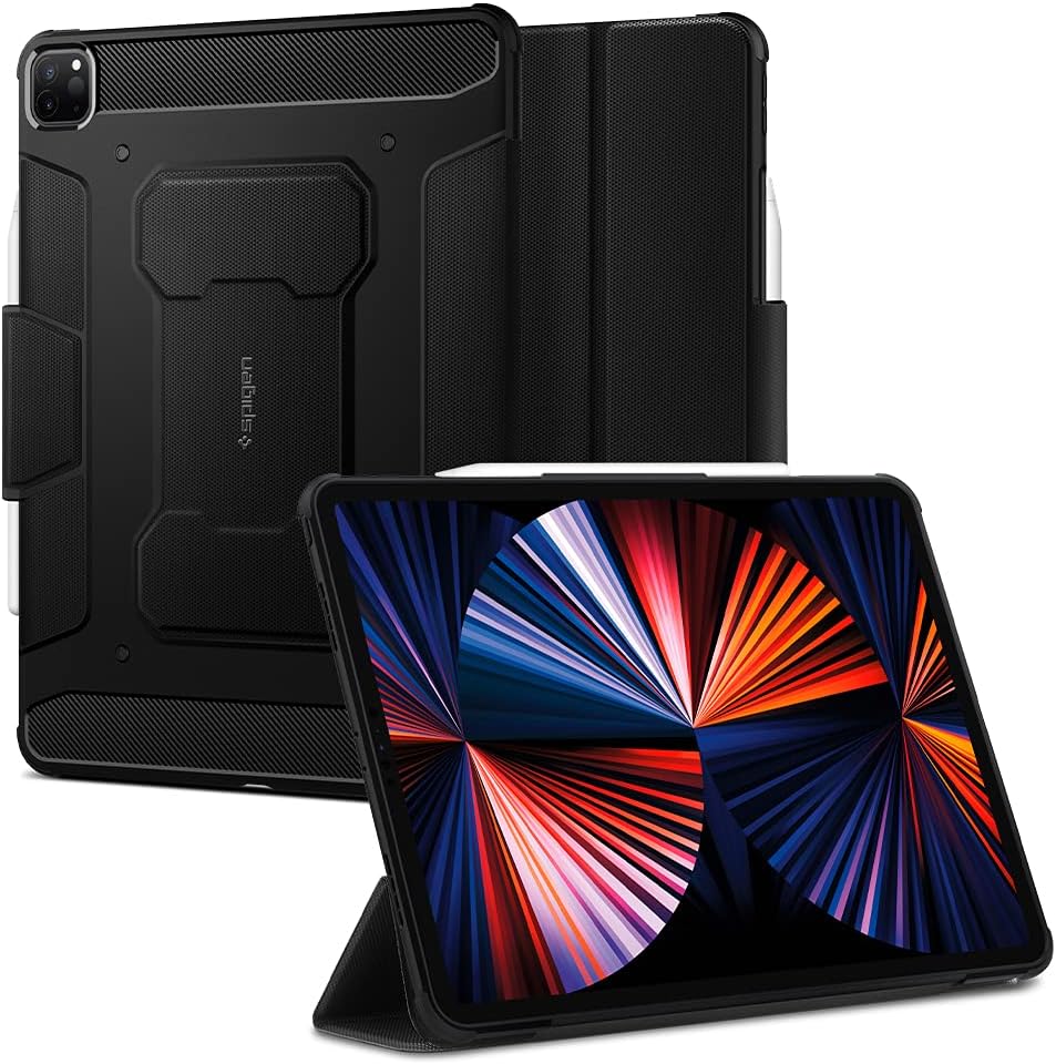 Spigen Rugged Armor Pro Designed for iPad Pro 12.9 inch Case 2021 5th Generation with Pencil Holder - Black